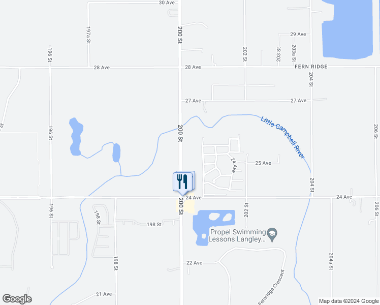 map of restaurants, bars, coffee shops, grocery stores, and more near 2546 200 Street in Langley Township