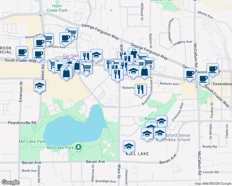 map of restaurants, bars, coffee shops, grocery stores, and more near 2565 Ware Street in Abbotsford