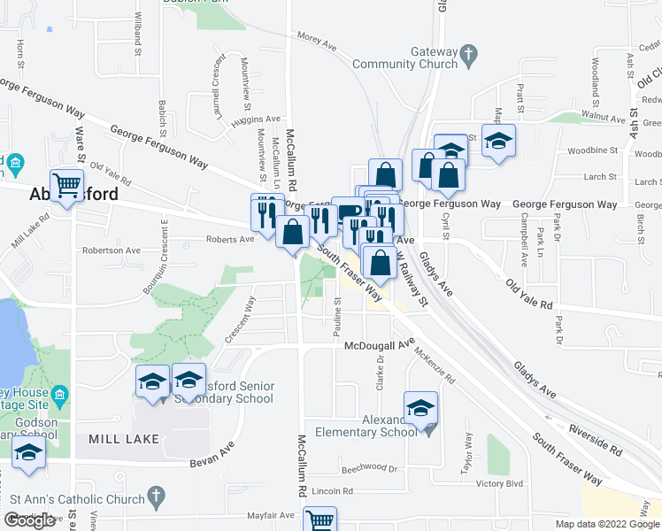 map of restaurants, bars, coffee shops, grocery stores, and more near 33670 South Fraser Way in Abbotsford
