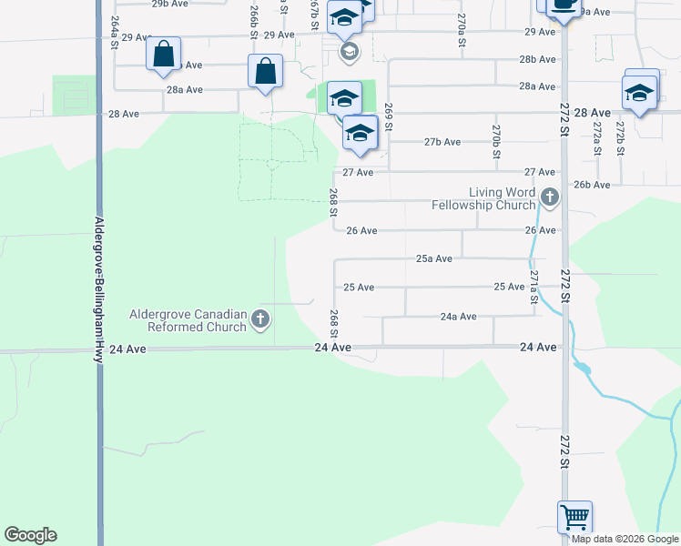 map of restaurants, bars, coffee shops, grocery stores, and more near 2524 268 Street in Langley Township