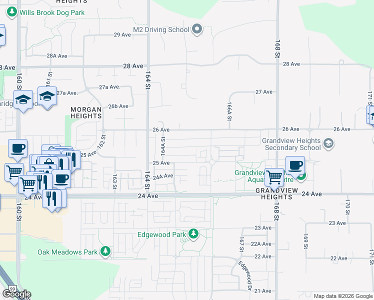 map of restaurants, bars, coffee shops, grocery stores, and more near 16526 25A Avenue in Surrey