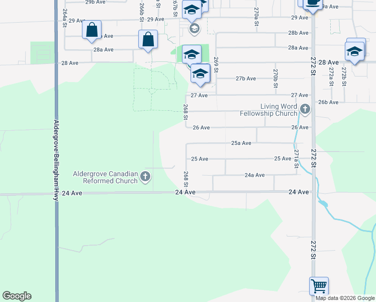 map of restaurants, bars, coffee shops, grocery stores, and more near 2524 268 Street in Langley