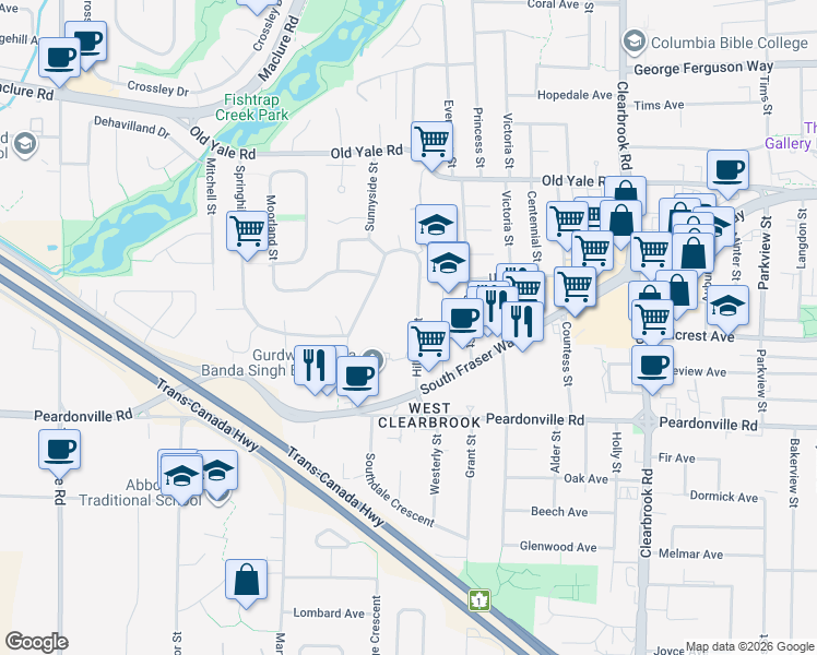 map of restaurants, bars, coffee shops, grocery stores, and more near 2525 Hill Tout Street in Abbotsford