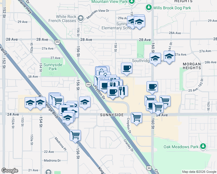 map of restaurants, bars, coffee shops, grocery stores, and more near in Surrey
