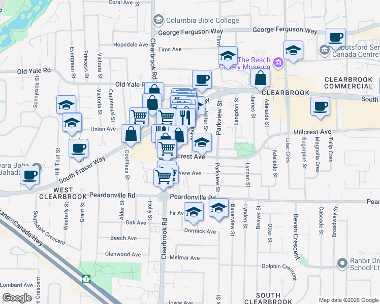 map of restaurants, bars, coffee shops, grocery stores, and more near 32095 Hillcrest Avenue in Abbotsford