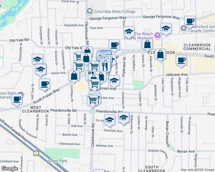 map of restaurants, bars, coffee shops, grocery stores, and more near 32095 Hillcrest Avenue in Abbotsford