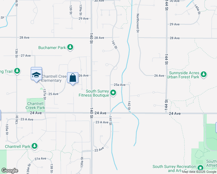 map of restaurants, bars, coffee shops, grocery stores, and more near 2543 141 Street in Surrey