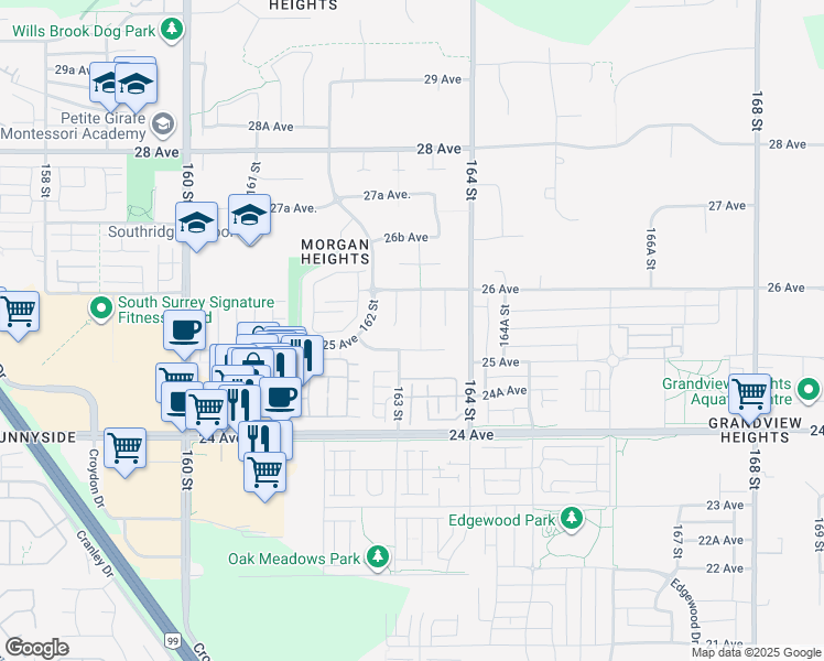 map of restaurants, bars, coffee shops, grocery stores, and more near 2547 163 Street in Surrey