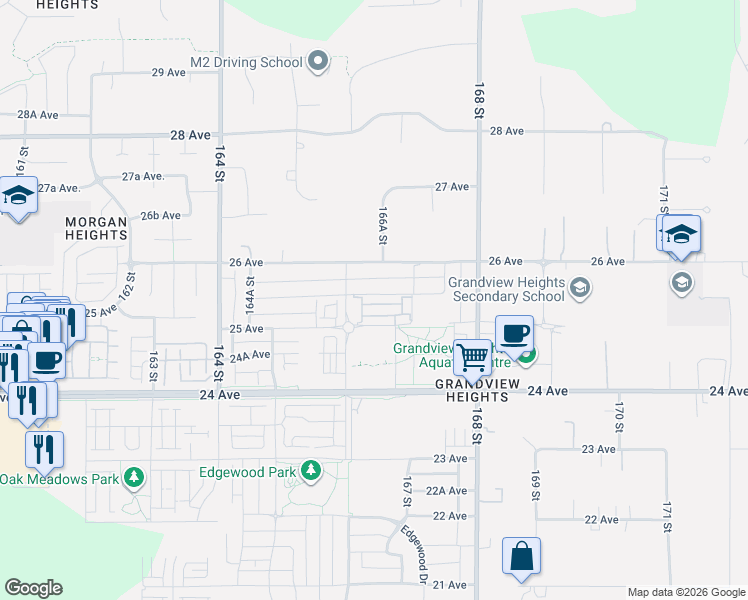 map of restaurants, bars, coffee shops, grocery stores, and more near 16685 25 Avenue in Surrey