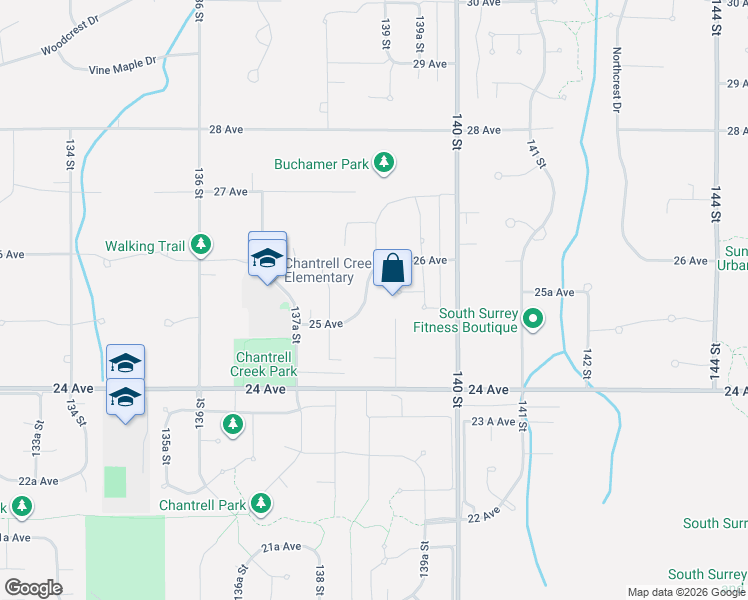 map of restaurants, bars, coffee shops, grocery stores, and more near 2530 138A Street in Surrey
