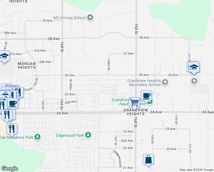 map of restaurants, bars, coffee shops, grocery stores, and more near 16685 25 Avenue in Surrey