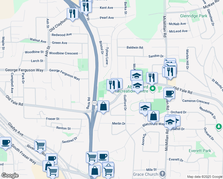 map of restaurants, bars, coffee shops, grocery stores, and more near 2525 Yale Court in Abbotsford
