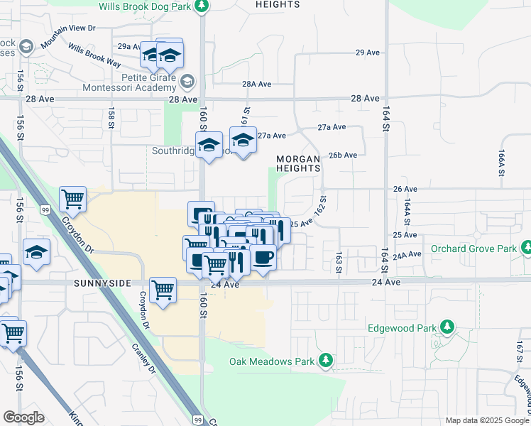 map of restaurants, bars, coffee shops, grocery stores, and more near 16151 25 Avenue in Surrey