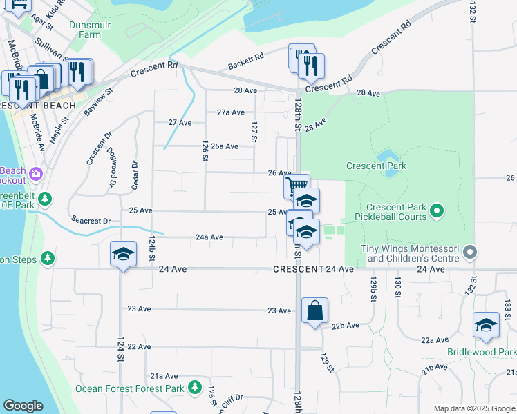 map of restaurants, bars, coffee shops, grocery stores, and more near 12709 25 Avenue in Surrey