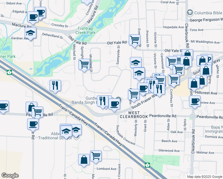 map of restaurants, bars, coffee shops, grocery stores, and more near 2523 Sunnyside Crescent in Abbotsford
