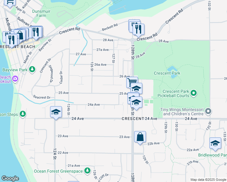 map of restaurants, bars, coffee shops, grocery stores, and more near 12699 25 Avenue in Surrey