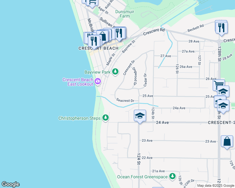 map of restaurants, bars, coffee shops, grocery stores, and more near 2508 Crescent Drive in Surrey