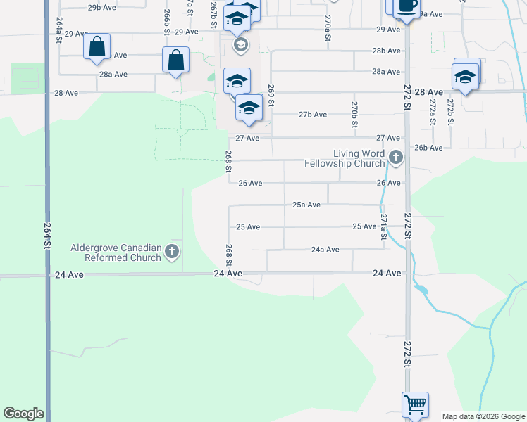 map of restaurants, bars, coffee shops, grocery stores, and more near 26880 25A Avenue in Langley Township