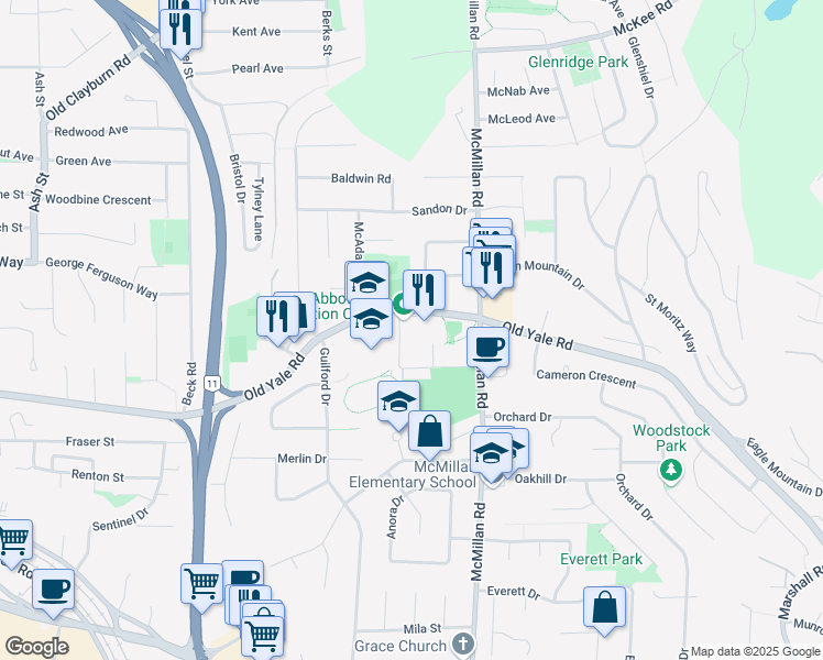 map of restaurants, bars, coffee shops, grocery stores, and more near 2499 McMillan Road in Abbotsford