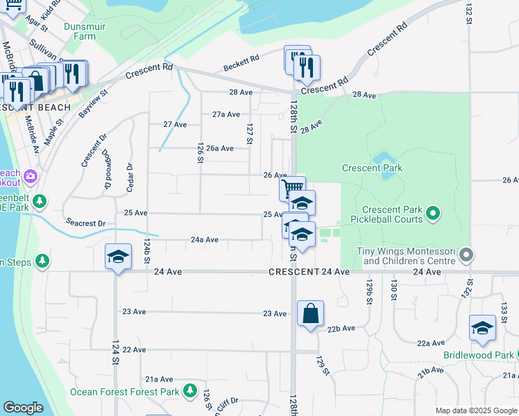 map of restaurants, bars, coffee shops, grocery stores, and more near 12723 25 Avenue in Surrey