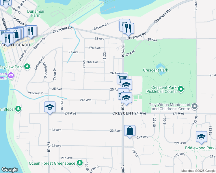 map of restaurants, bars, coffee shops, grocery stores, and more near 12719 25 Avenue in Surrey
