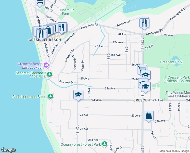 map of restaurants, bars, coffee shops, grocery stores, and more near 12525 25 Avenue in Surrey