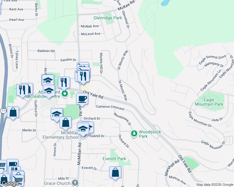 map of restaurants, bars, coffee shops, grocery stores, and more near 34981 Bernina Court in Abbotsford