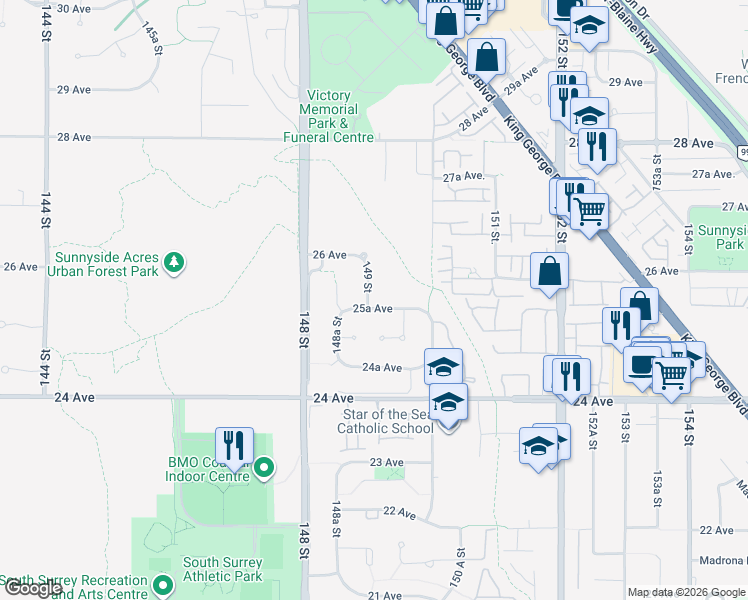 map of restaurants, bars, coffee shops, grocery stores, and more near 2552 149 Street in Surrey