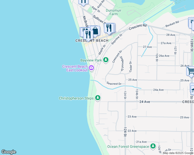 map of restaurants, bars, coffee shops, grocery stores, and more near 2508 Bayview Street in Surrey