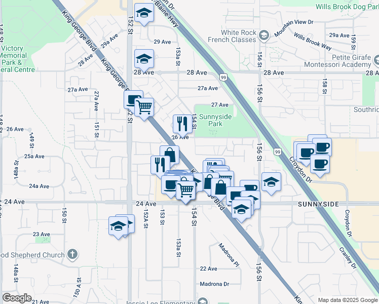 map of restaurants, bars, coffee shops, grocery stores, and more near 2546 D King George Boulevard in Surrey