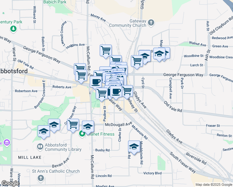 map of restaurants, bars, coffee shops, grocery stores, and more near 2-2569 Montrose Avenue in Abbotsford