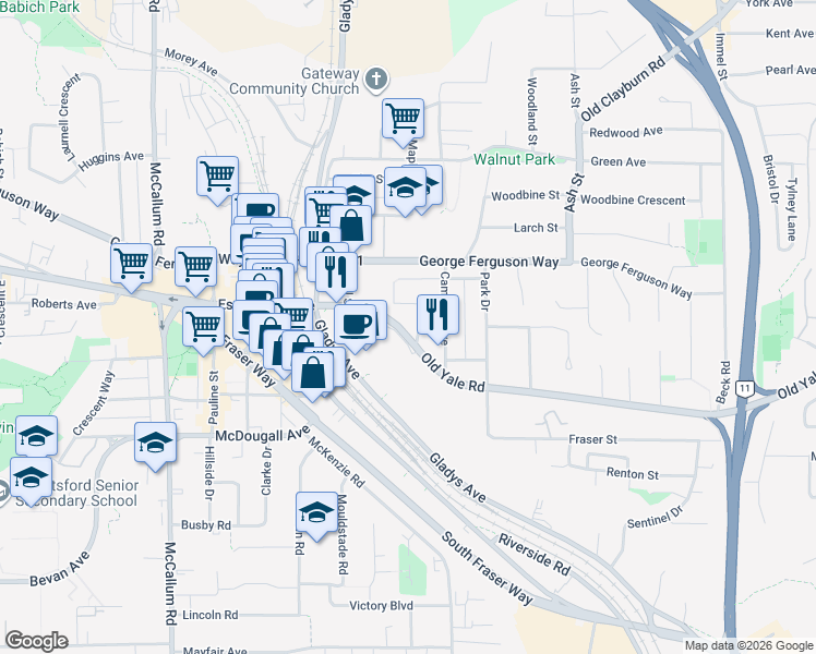 map of restaurants, bars, coffee shops, grocery stores, and more near 2551 Willow Lane in Abbotsford