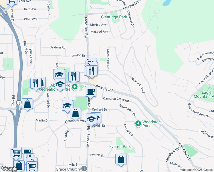 map of restaurants, bars, coffee shops, grocery stores, and more near 34909 Old Yale Road in Abbotsford