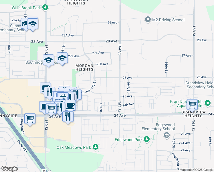 map of restaurants, bars, coffee shops, grocery stores, and more near 2547 163 Street in Surrey