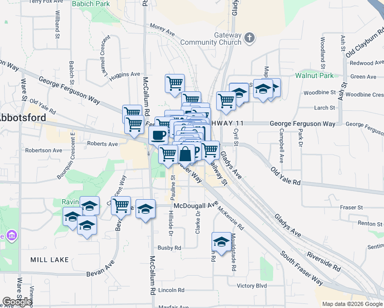 map of restaurants, bars, coffee shops, grocery stores, and more near 2556A Montrose Avenue in Abbotsford