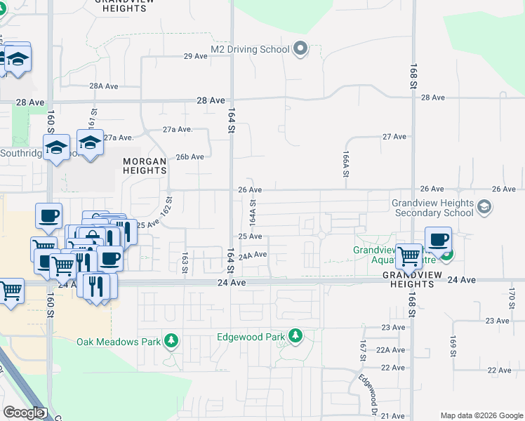 map of restaurants, bars, coffee shops, grocery stores, and more near 16469 25A Avenue in Surrey