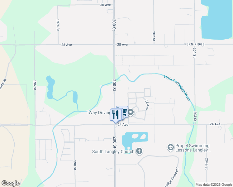 map of restaurants, bars, coffee shops, grocery stores, and more near 2552 200 Street in Langley Township