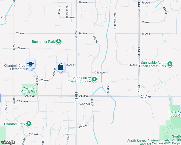 map of restaurants, bars, coffee shops, grocery stores, and more near 2555 141 Street in Surrey