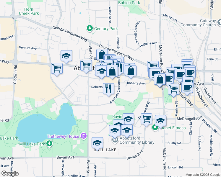 map of restaurants, bars, coffee shops, grocery stores, and more near 33322 Robertson Avenue in Abbotsford