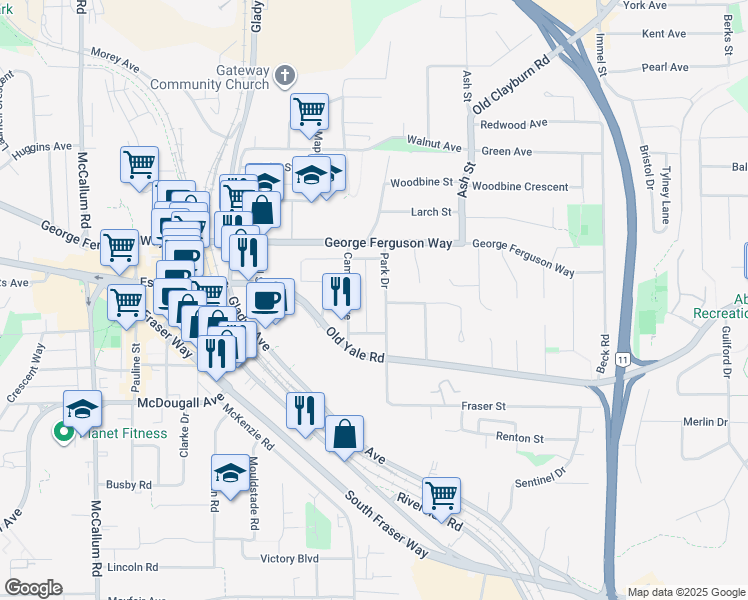 map of restaurants, bars, coffee shops, grocery stores, and more near 2565 Park Drive in Abbotsford