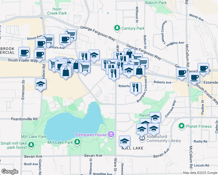 map of restaurants, bars, coffee shops, grocery stores, and more near 2575 Ware Street in Abbotsford
