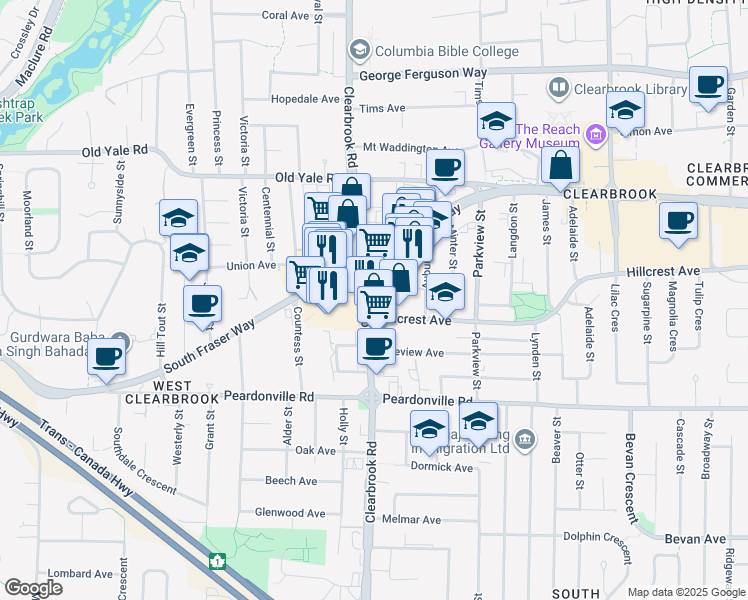 map of restaurants, bars, coffee shops, grocery stores, and more near 2548 Clearbrook Road in Abbotsford