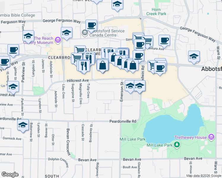 map of restaurants, bars, coffee shops, grocery stores, and more near 32637 Willingdon Crescent in Abbotsford