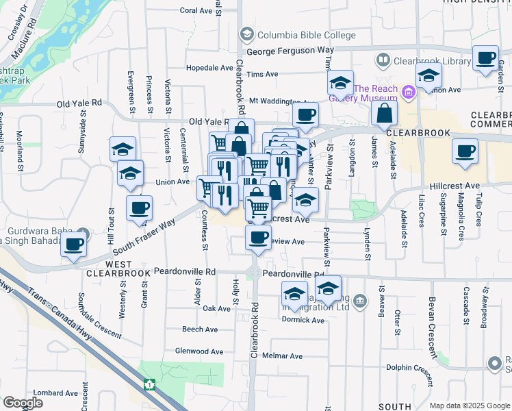 map of restaurants, bars, coffee shops, grocery stores, and more near 2548 Clearbrook Road in Abbotsford