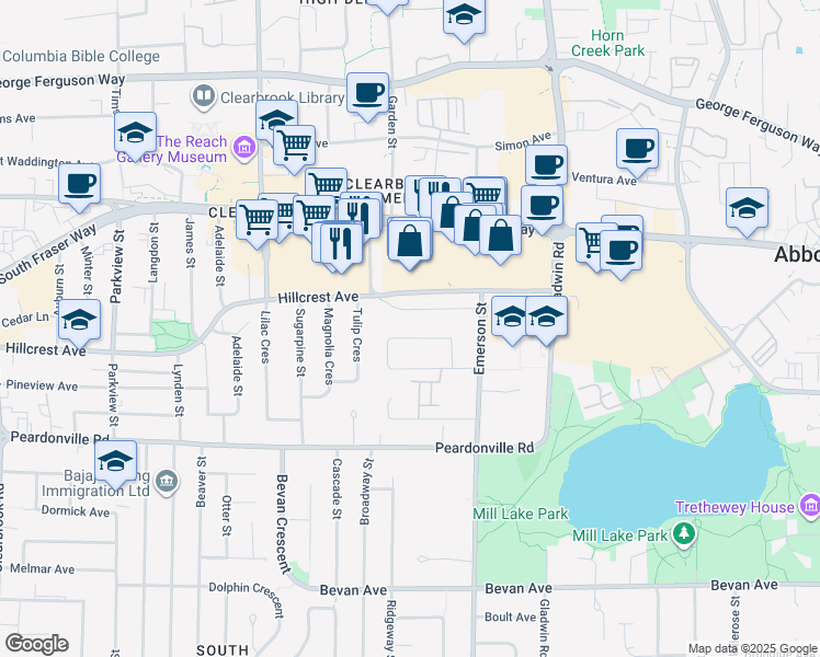map of restaurants, bars, coffee shops, grocery stores, and more near 32597 Willingdon Crescent in Abbotsford