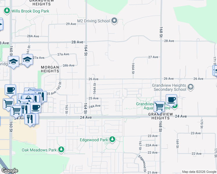 map of restaurants, bars, coffee shops, grocery stores, and more near 16527 25A Avenue in Surrey