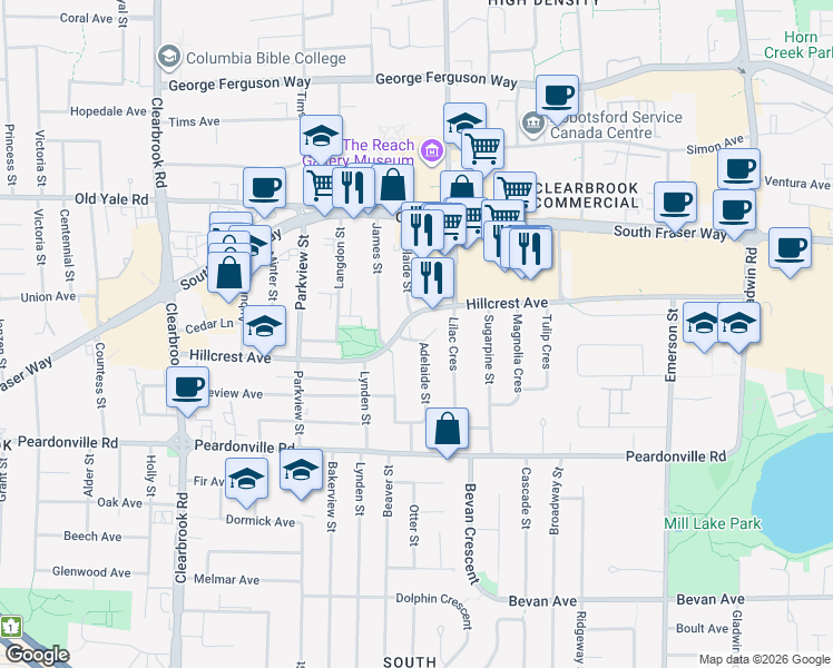 map of restaurants, bars, coffee shops, grocery stores, and more near 31755 South Fraser Way in Abbotsford