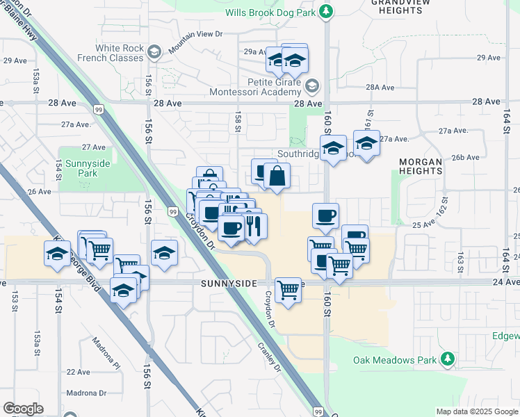 map of restaurants, bars, coffee shops, grocery stores, and more near 15850 26 Avenue in Surrey