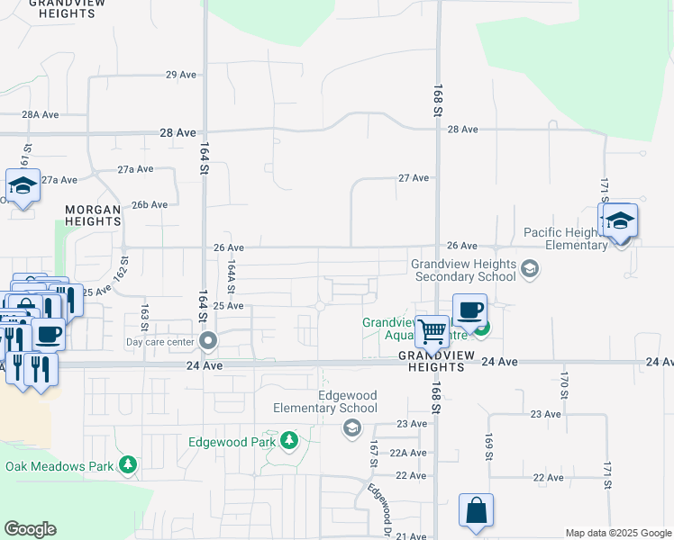 map of restaurants, bars, coffee shops, grocery stores, and more near 16623 25A Avenue in Surrey