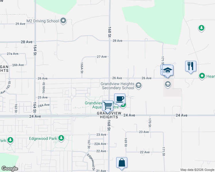 map of restaurants, bars, coffee shops, grocery stores, and more near 2559 168 Street in Surrey